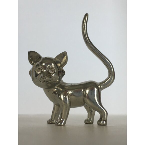 Vintage Cat Ring Holder Jewelry Display Silver Color Rhinestone Eyes Figurine - Picture 5 of 8